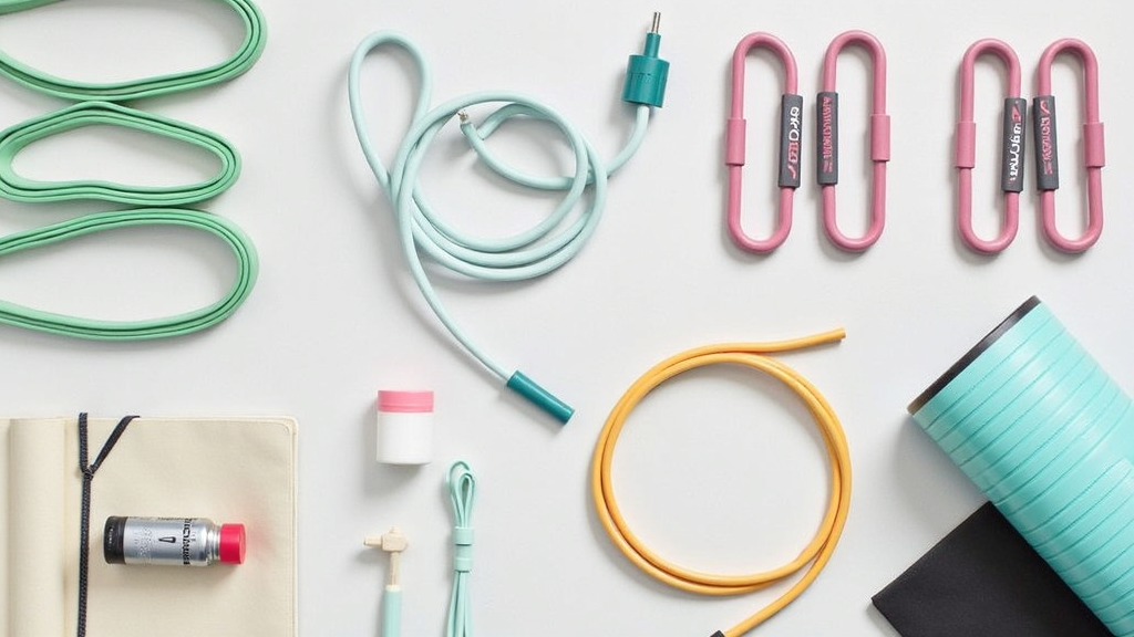 A flat lay of different types of resistance bands on a neutral background, including loop bands, tubes with handles, and fabric bands, along with workout accessories like a water bottle and a foam roller.