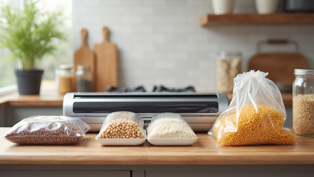 Vacuum sealer on a kitchen counter sealing a bag of dried beans, surrounded by vacuum-sealed bags of grains, nuts, and dried fruit.