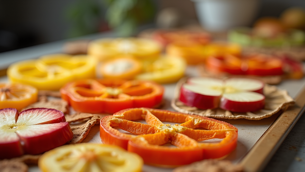 Array of fruits and vegetables on dehydrator trays, close-up of sliced apples, peppers, and mushrooms being dried