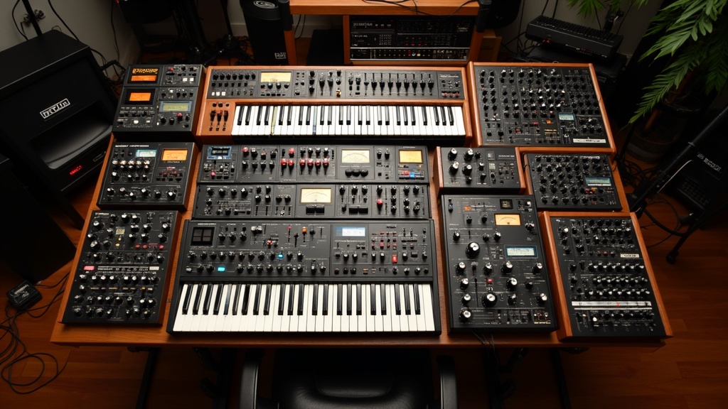 Collection of classic and modern FM synthesizers on a table
