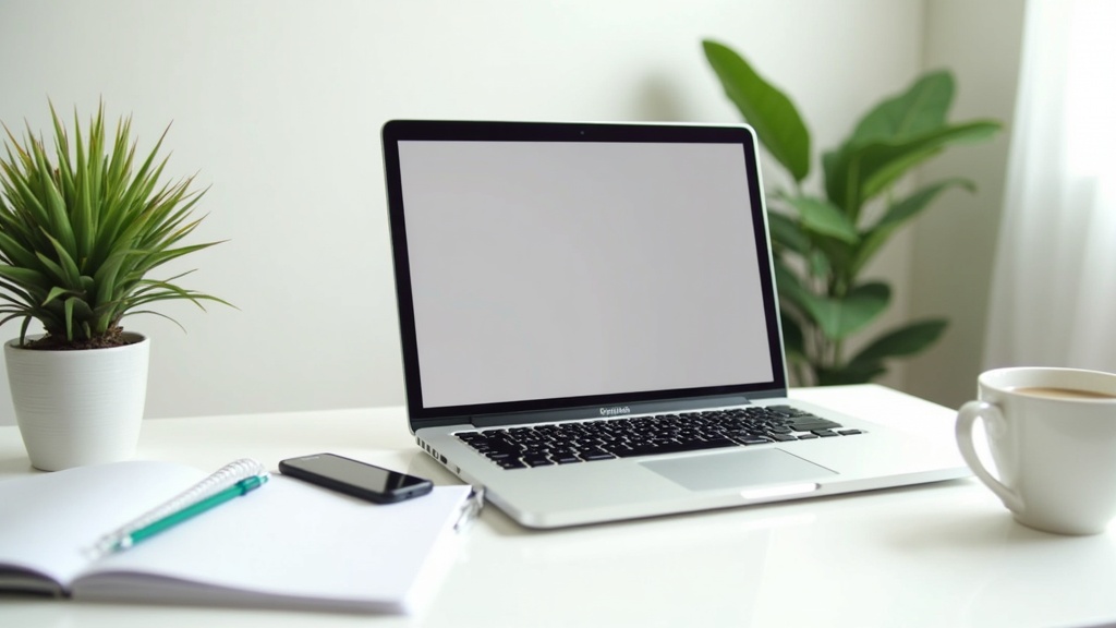 laptop on desk with coffee mug, notebook, and plants, representing passive income blogging