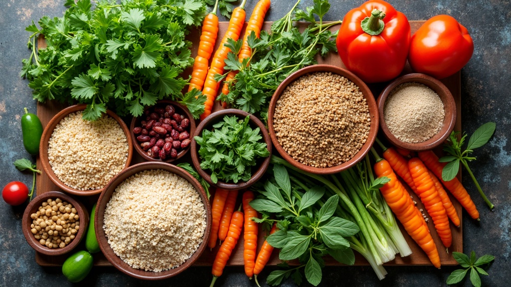 Colorful plant-based meal with grains, greens, and vegetables on a rustic table.