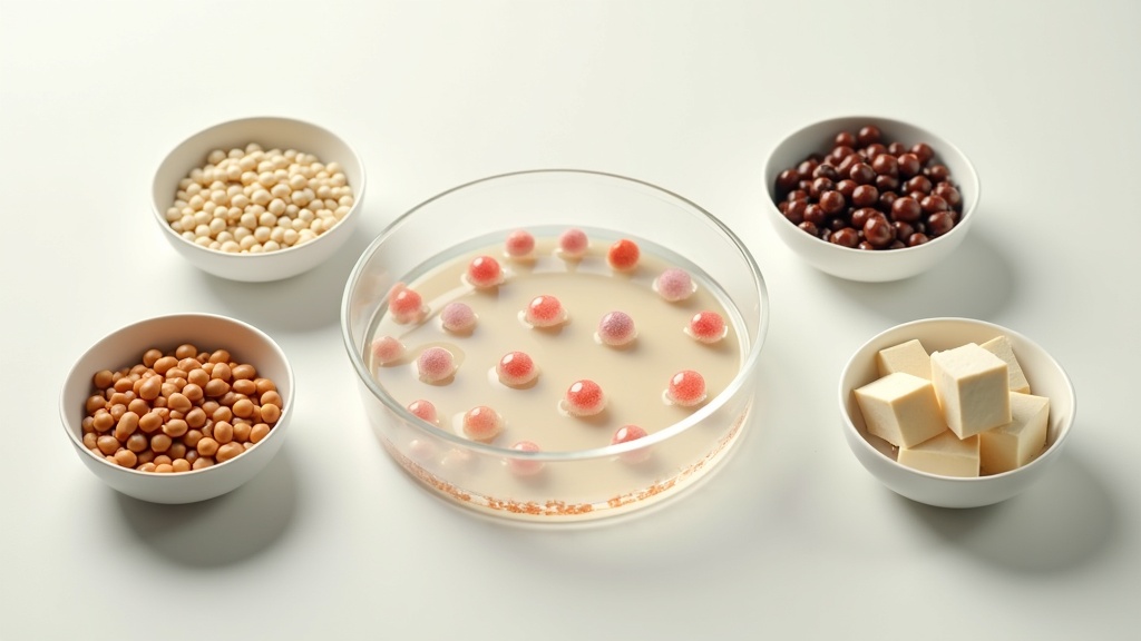 A high-resolution scene showing a petri dish with cultured cells, alongside bowls of beans and tofu blocks on a light background.