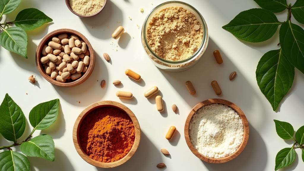 A collection of vegan supplement powders and capsules on a neutral background, surrounded by leafy greens, seeds, and nuts. Natural lighting highlights the contrast between the products and the fresh plants.