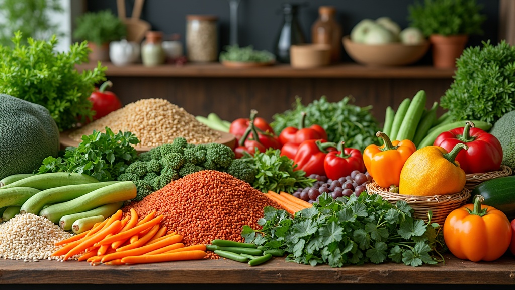 Colorful fresh produce and plant-based groceries on a wooden kitchen counter
