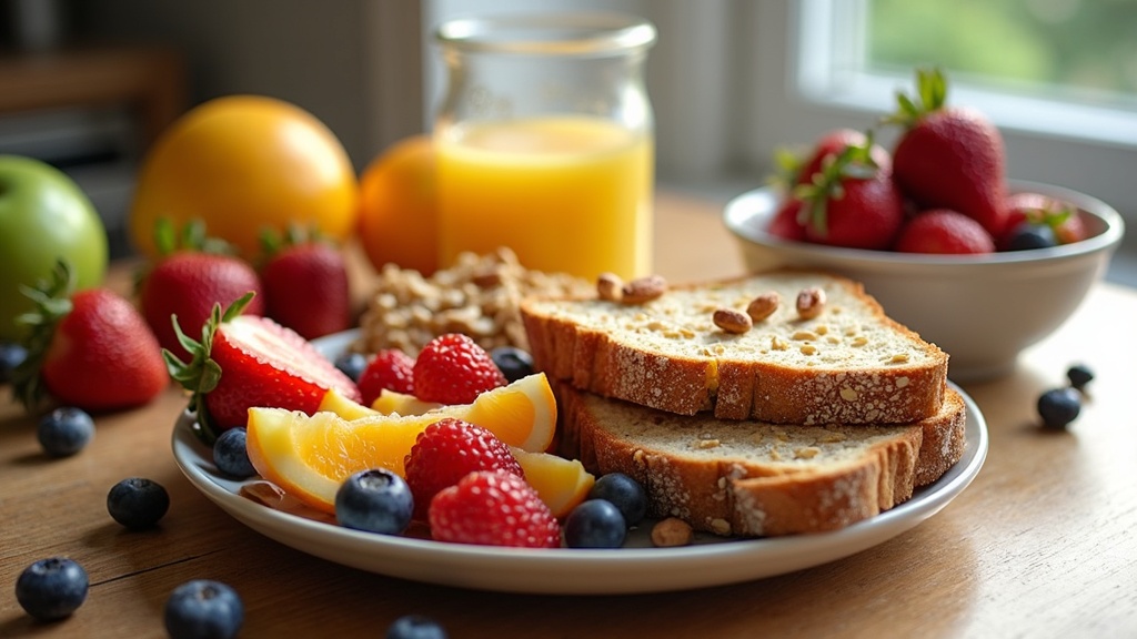 Colorful plant-based breakfast spread with fruits, toast, and oatmeal