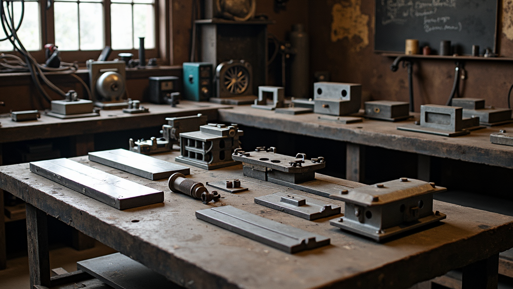 A metal fabrication workshop showing welding tools, grinders, clamps, and sheet metal equipment neatly arranged on sturdy workbenches. Various pieces of fabricated metal are displayed, with natural light casting clean shadows.