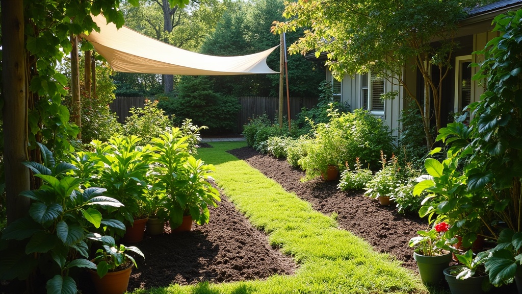 Sun-drenched garden beds mulched with straw and leafy plants enjoying morning light