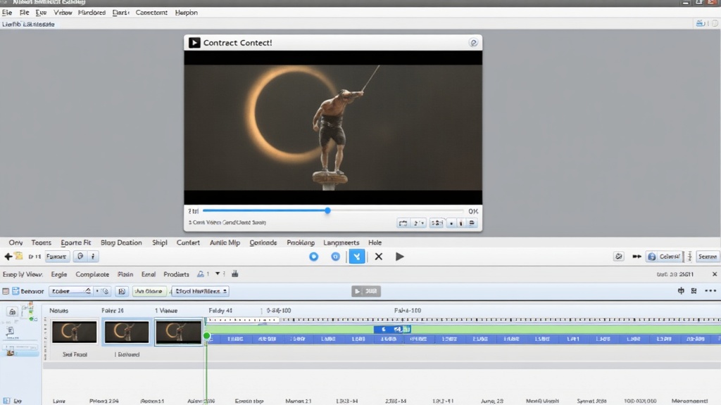 A computer screen displaying a basic video editing interface with a video clip loaded on a simple timeline. Multiple cut points are marked, and sections are highlighted for trimming, with clear play/pause buttons and tool icons around the workspace.