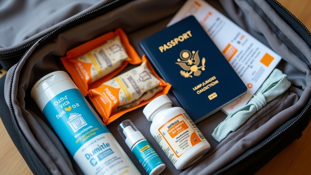 A well-packed travel bag with allergy medicine, snacks, and travel-sized toiletries organized neatly near a passport and airplane tickets.