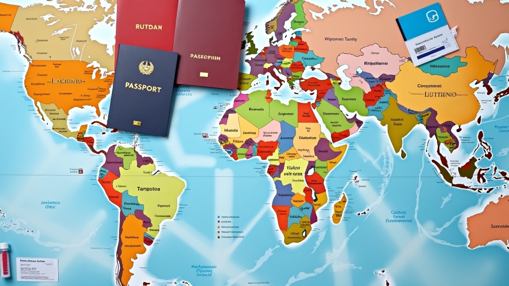 A colorful assortment of international travel documents (passports, boarding passes) on a map next to vaccination cards and medical supplies like syringes and vials.