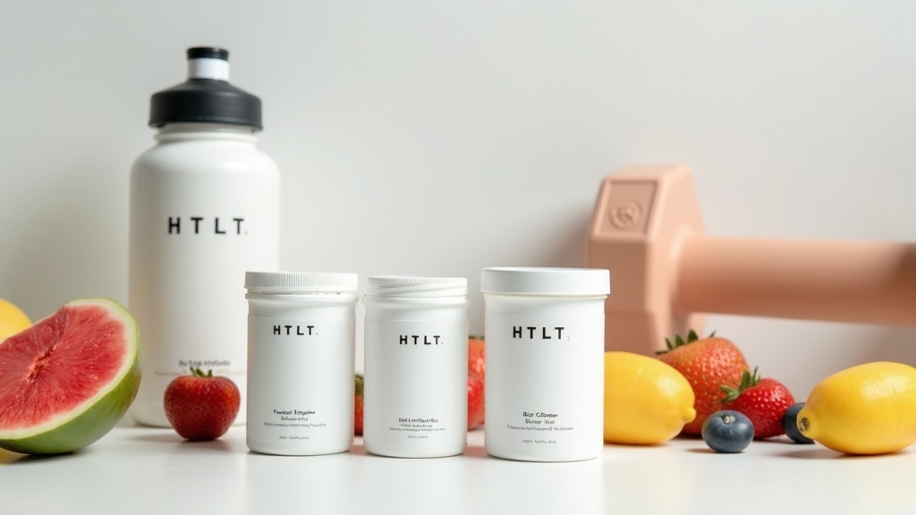 A selection of HTLT supplements on a minimal background, surrounded by health-focused items such as a water bottle, dumbbell, and fresh fruit.