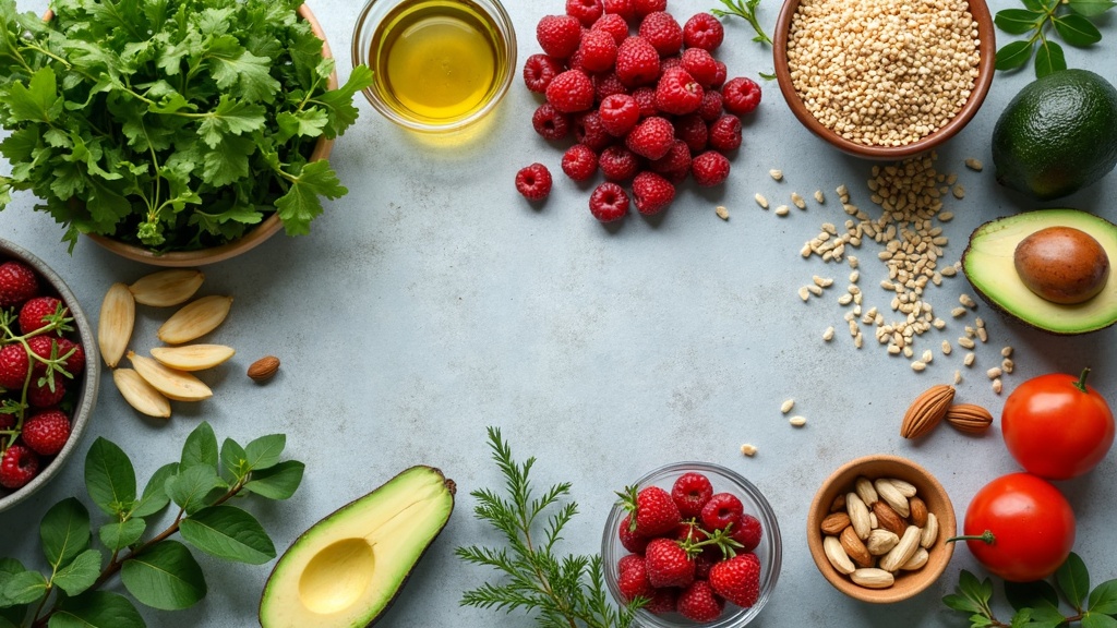 Colorful selection of whole foods and fresh produce arranged on a familystyle kitchen table, highlighting ingredients typical for an antiinflammatory diet, such as leafy greens, berries, nuts, olive oil, and whole grains.
