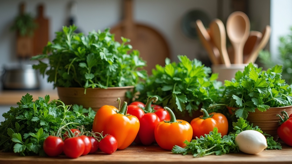 Fresh vegetables, herbs, and cooking utensils on a wooden kitchen counter
