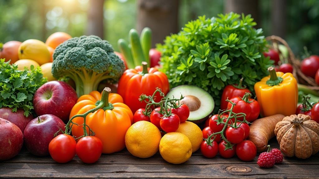 A colorful display of fresh seasonal produce on a wooden table. Assorted fruits and vegetables representing spring, summer, fall, and winter.