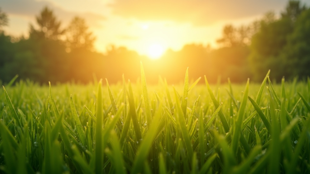 sunrise with light beams and fresh green grass