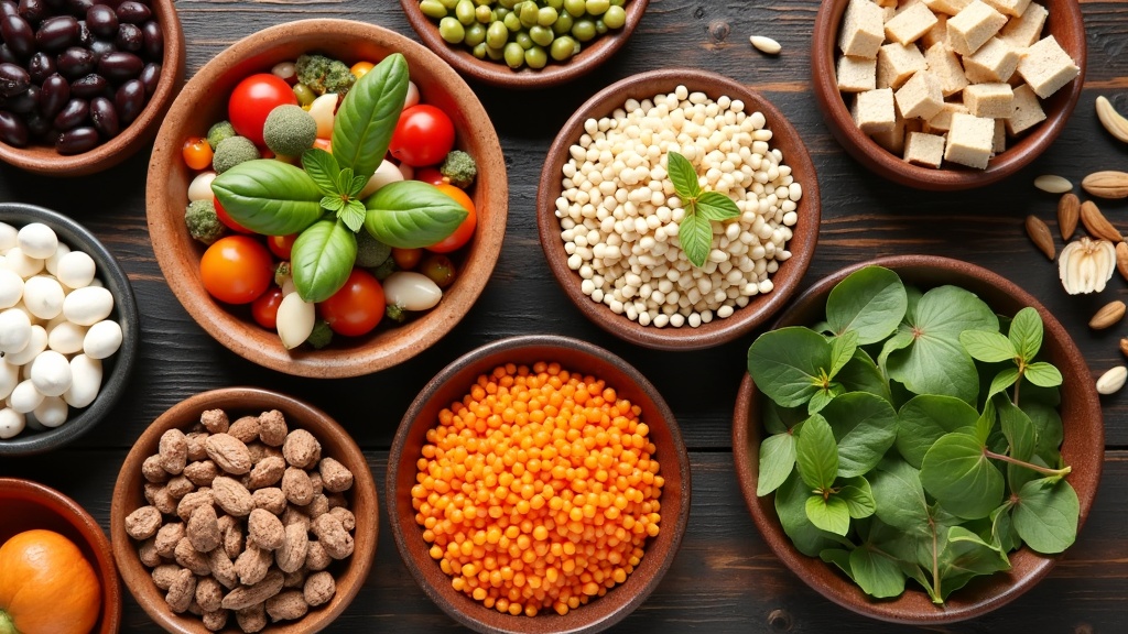 Assortment of colorful plant-based protein sources including beans, lentils, tofu, and nuts neatly arranged in bowls on a wooden table