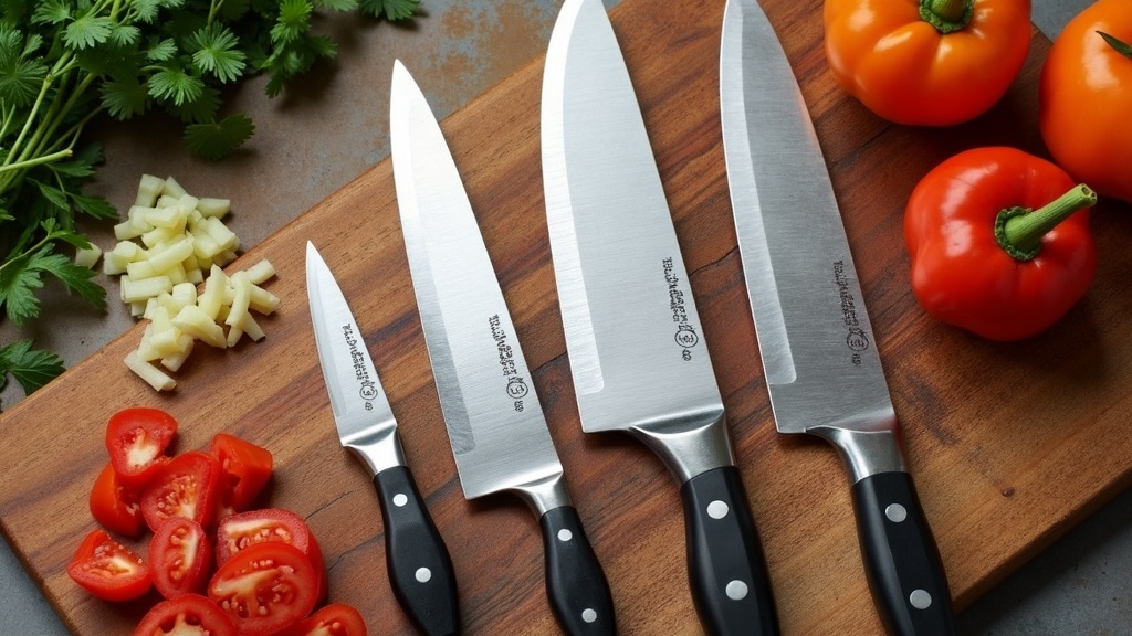 A selection of chef's knives laid out on a wooden cutting board alongside chopped vegetables and herbs.