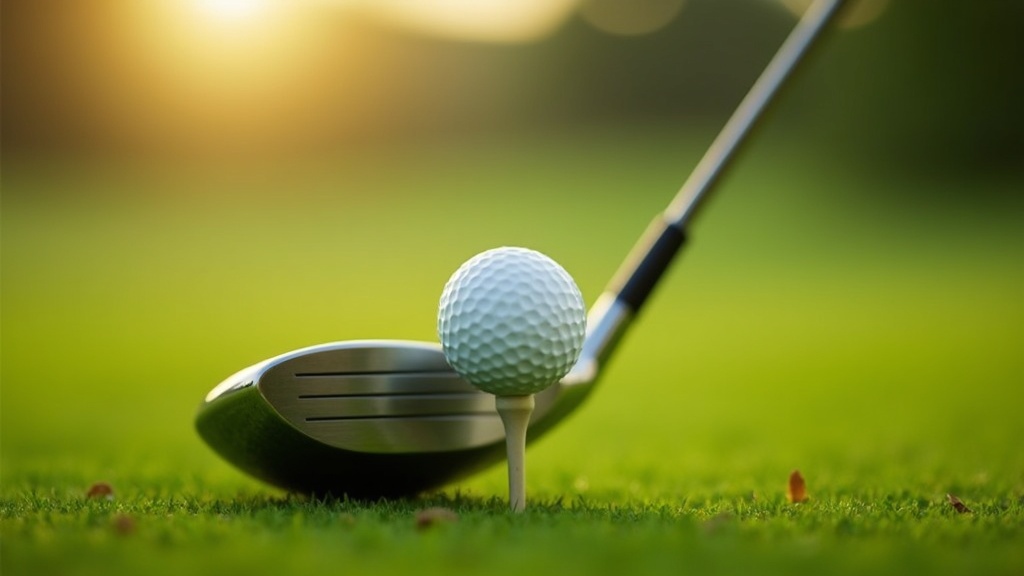 Golf driver on tee with ball driving into lush fairway