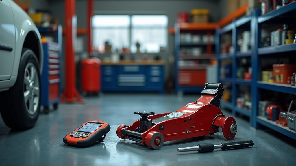 A neat, well-lit workspace with a variety of automotive repair tools including a jack, mechanic tool set, and diagnostic scanner displayed on a workbench. An air compressor, toolboxes and shelves of auto parts are visible in the background.