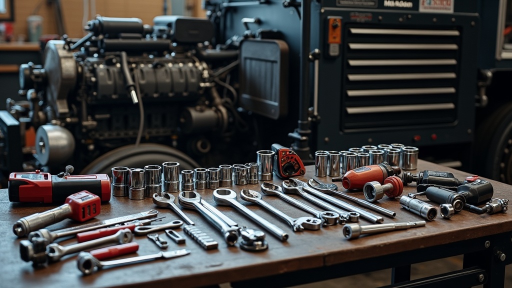 Assortment of heavy duty diesel mechanic tools spread on a workbench, including wrenches, sockets, diagnostic tools, impact wrenches, and tool chest. Bright shop lighting and visible parts of a large diesel engine.