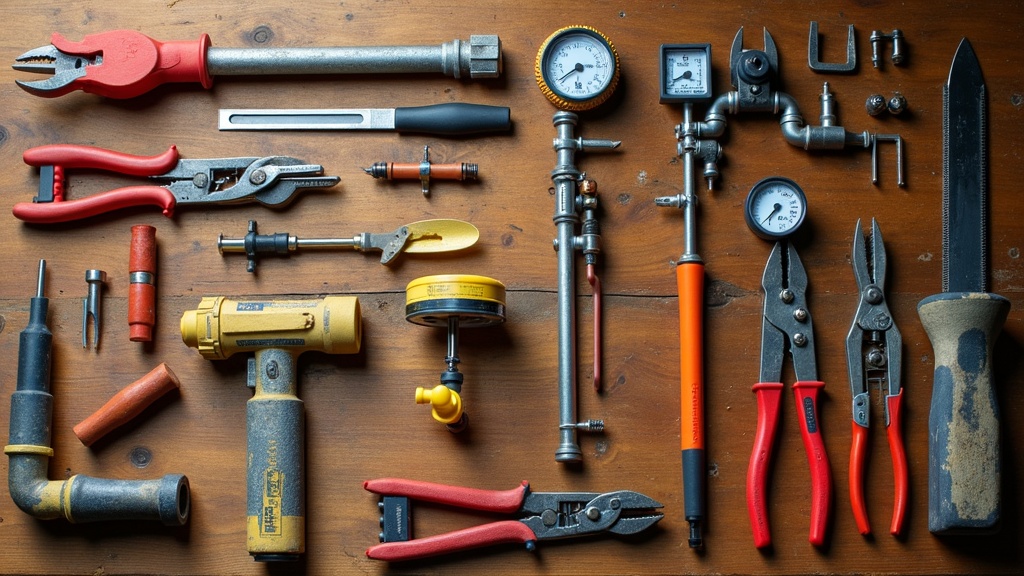 A collection of speciality trade tools from various building trades laid out on a wooden workbench.
