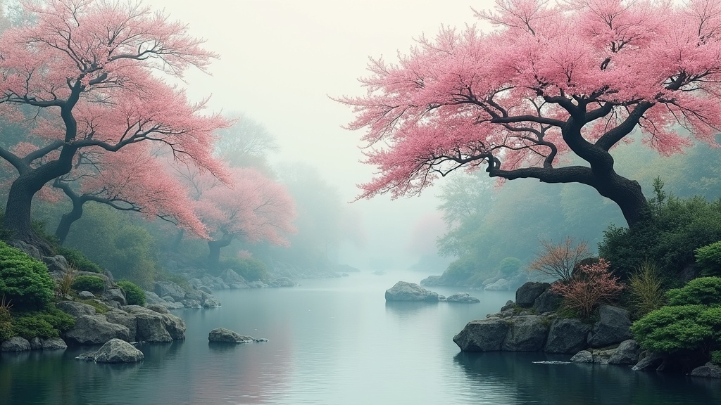 an image of a tranquil garden with flowering trees, rocks, and gentle mist, in a traditional east asian style