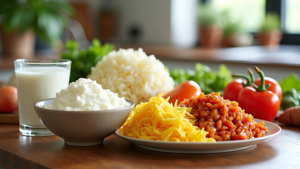 A vibrant display of fermented foods like yogurt, sauerkraut, and kimchi arranged on a wooden table next to a glass of milk and a bowl of colorful vegetables. Natural lighting, cozy kitchen setting.