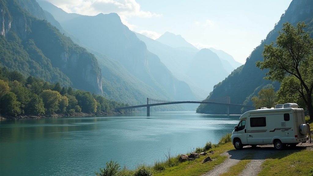 RV overlooking river and mountains