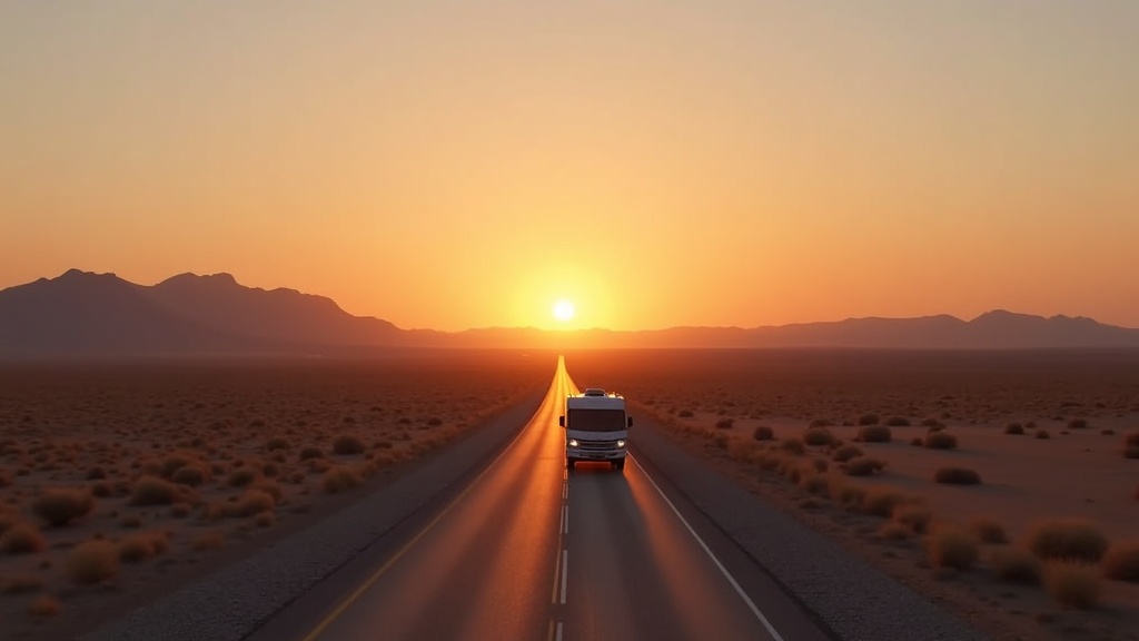 Desert highway with RV and sunrise