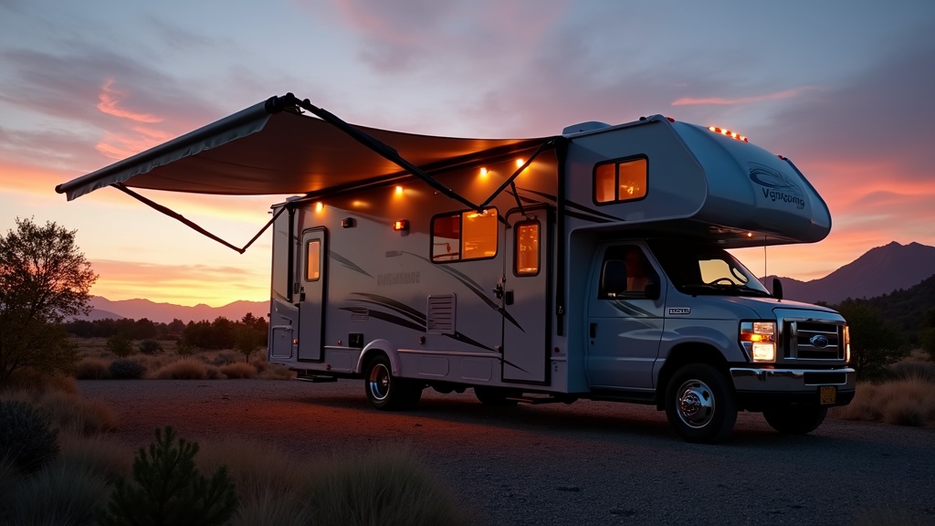 modern RV with extended awning and LED lights at sunset in scenic outdoor setting