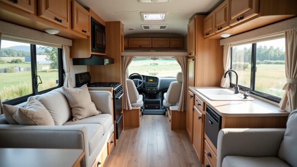 A tidy and cozy RV interior showing a well-organized kitchen and living area for full-time living inspiration