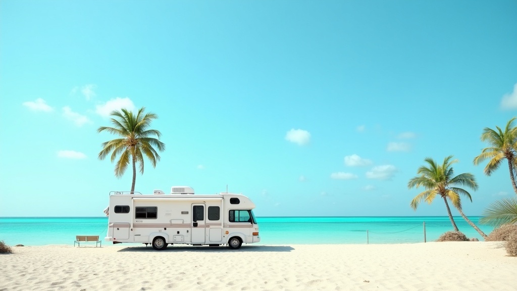 Spacious RV parked by turquoise waters under a clear blue sky