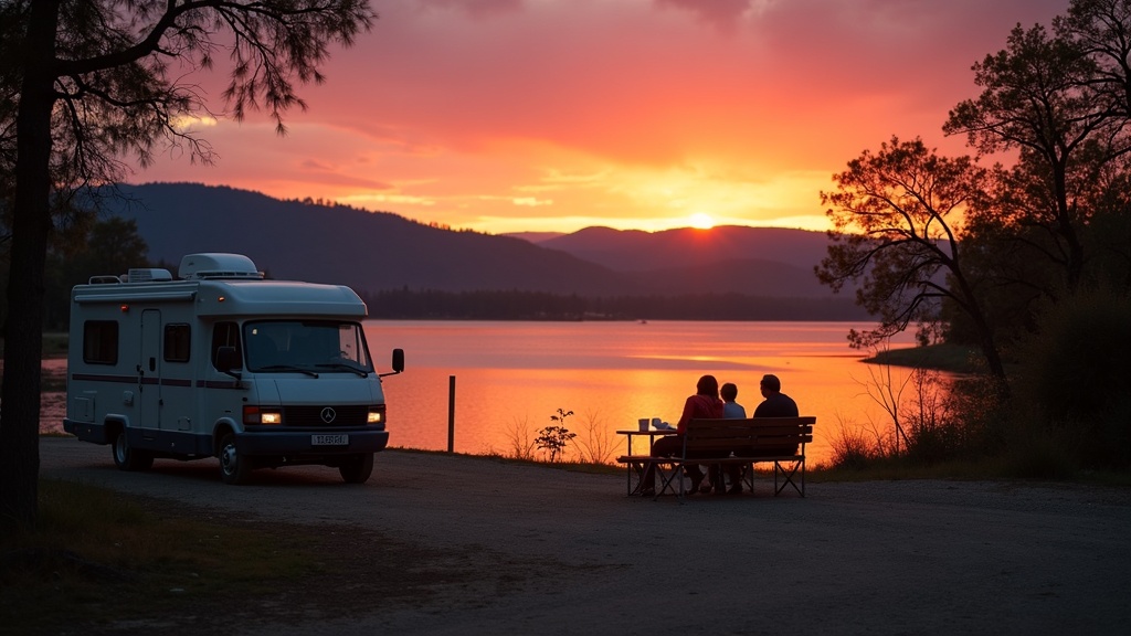 RVers enjoying sunset at a lakeside campsite