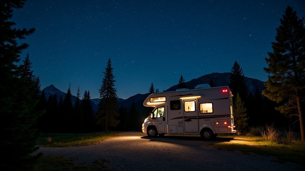 Luxury RV parked at a forest campsite under a starry night sky, exterior lights glowing softly