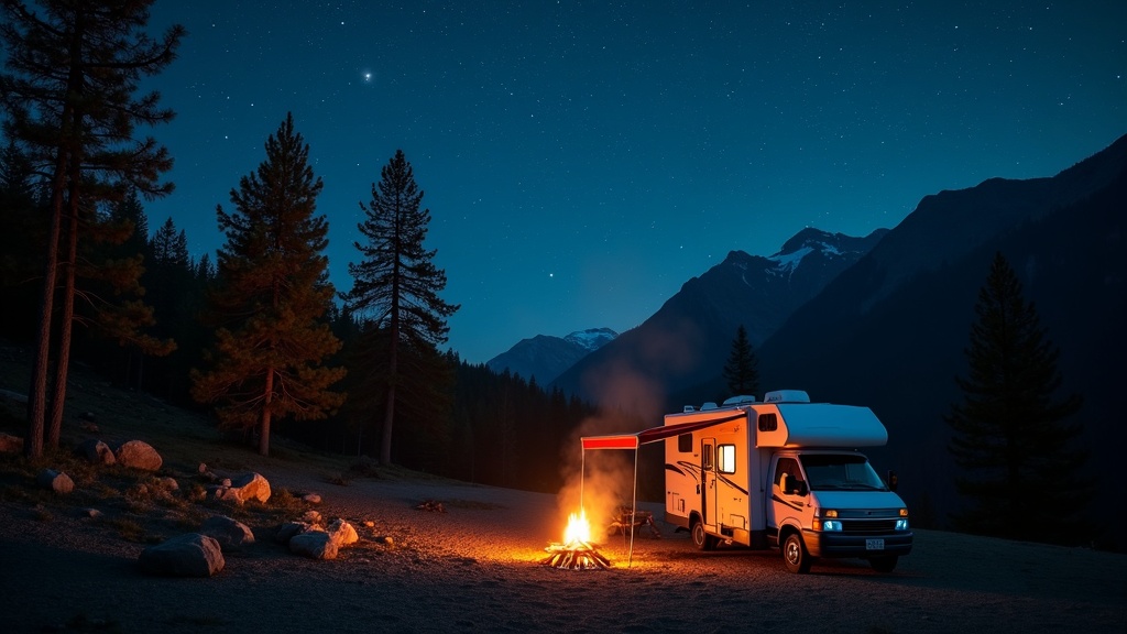 RV parked in the wilderness with a campfire nearby, starry night sky overhead.