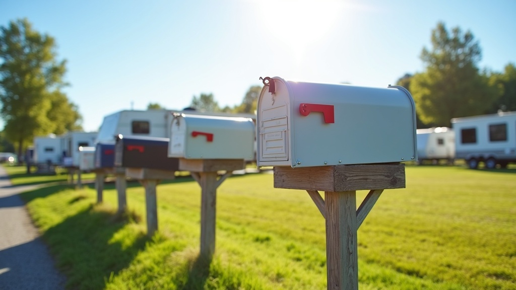 A row of mailboxes at a rural RV park in the sunshine
