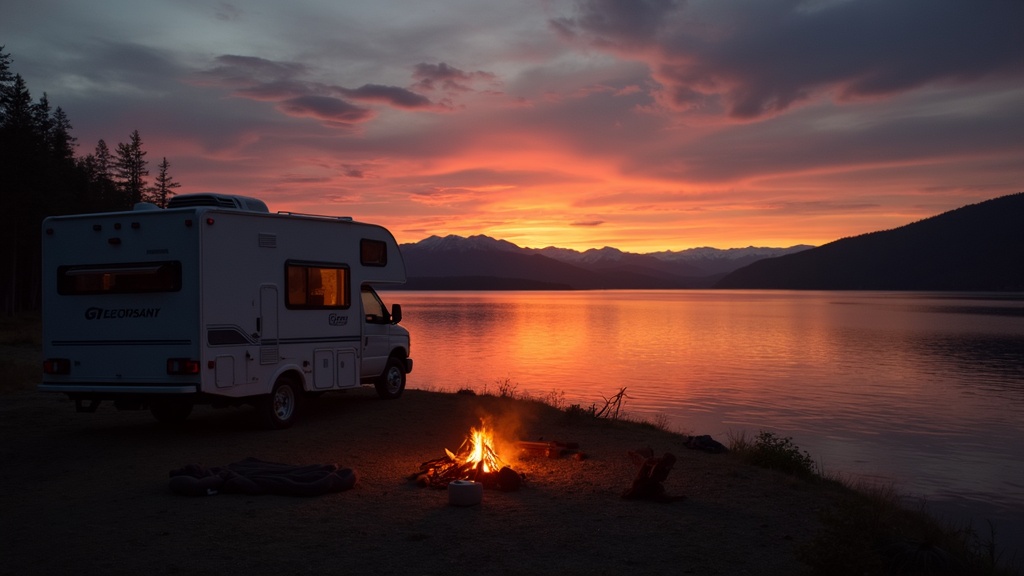 Sunset sky behind RV on a peaceful lakeside shore, with a campfire burning nearby