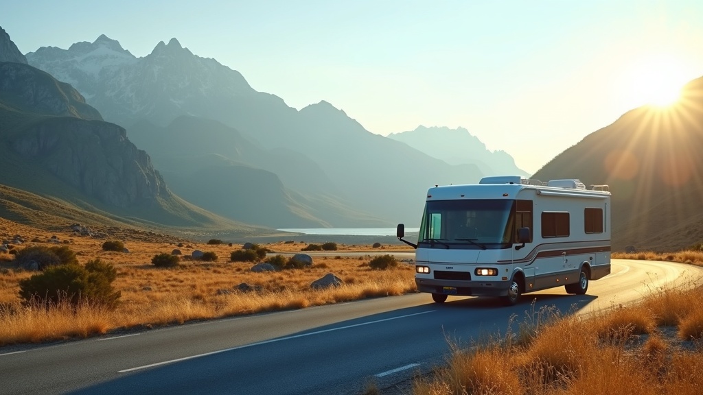 Modern RV on scenic drive, mountain landscape in background with sunlight