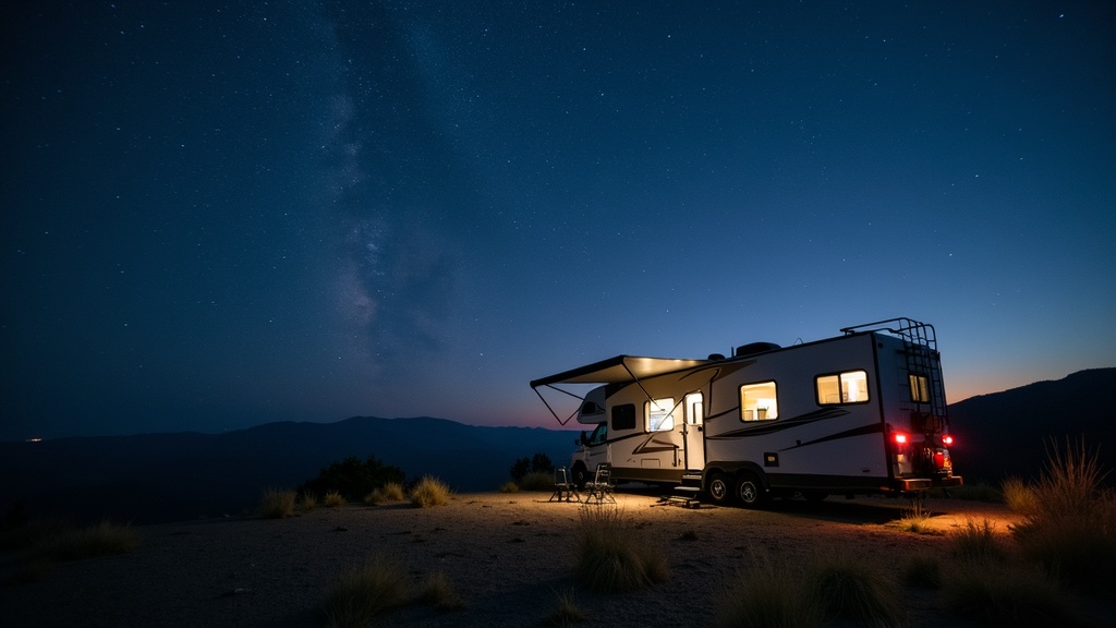 A modern RV at a scenic overlook under the stars, evoking freedom and independence in choosing your domicile.