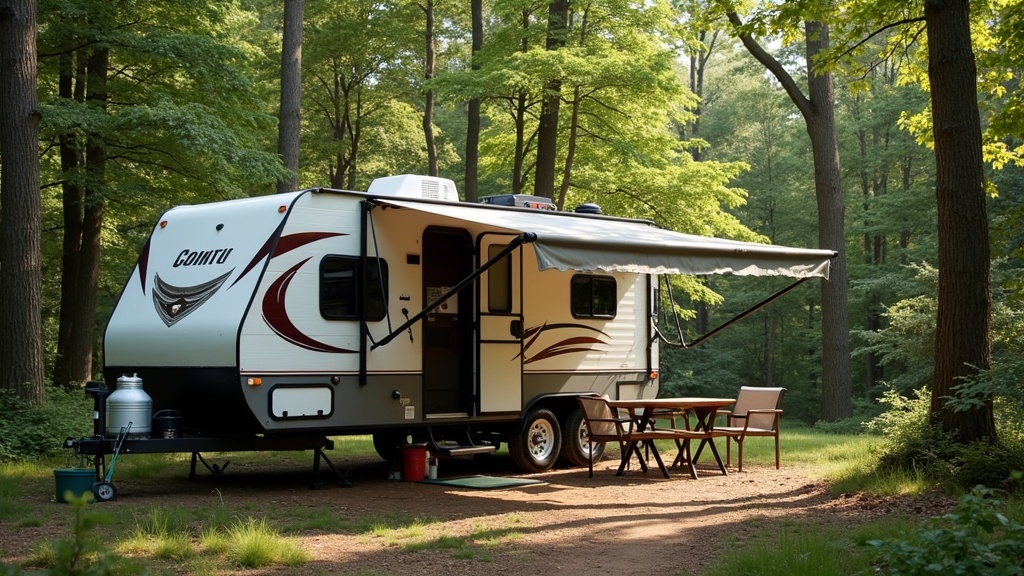 Travel trailer parked in the forest with awning extended and outdoor camp setup.
