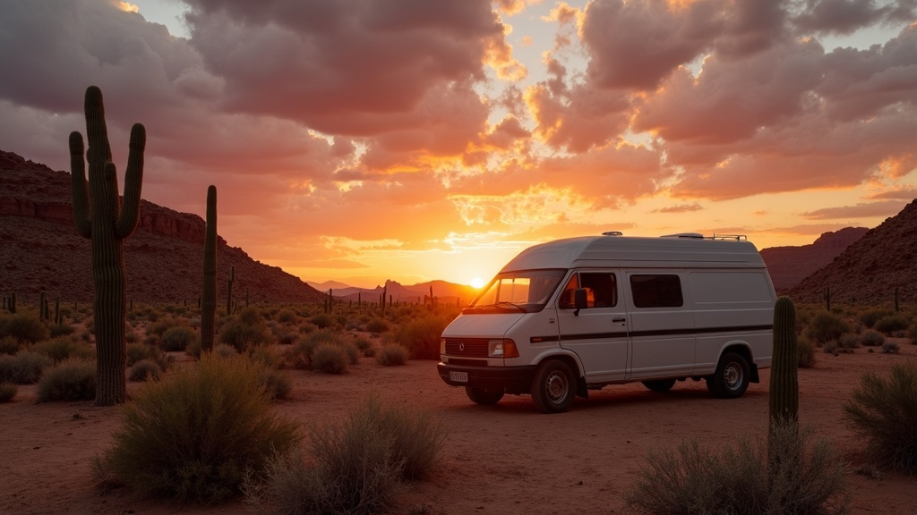 Campervan boondocking at sunset in the desert
