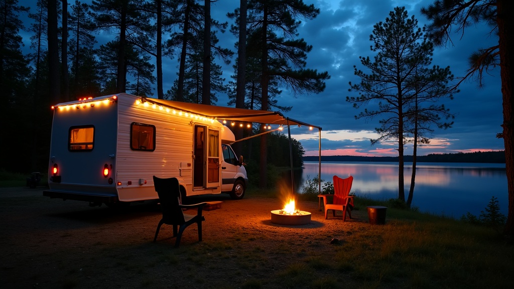 A peaceful lakeside RV campsite at dusk, with string lights and a small fire pit outside the RV