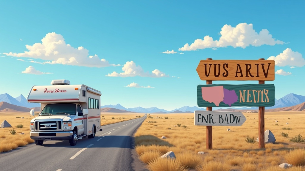 A scenic RV campsite near a road sign showing different US states and open skies, symbolizing state choices for domicile.