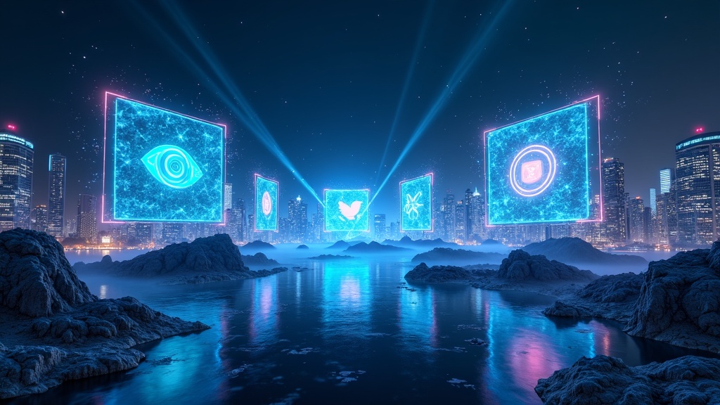 Colorful scene of digital screens and AI icons blending into video play imagery