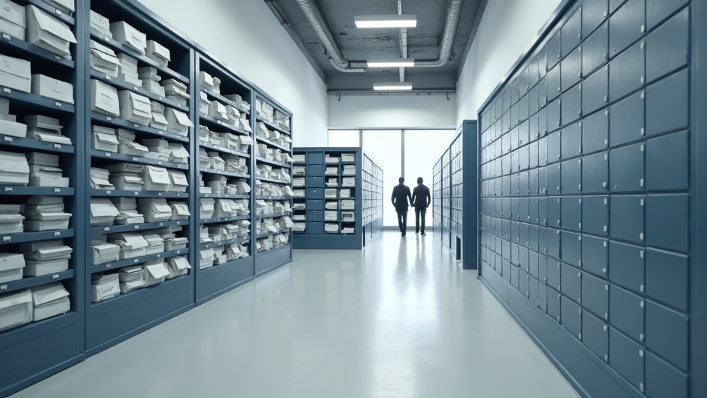 A modern mail forwarding facility with shelves of mail bins and secure lockers, no people visible.