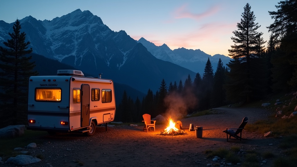 A scenic evening campsite with an RV, campfire, and mountain in the background