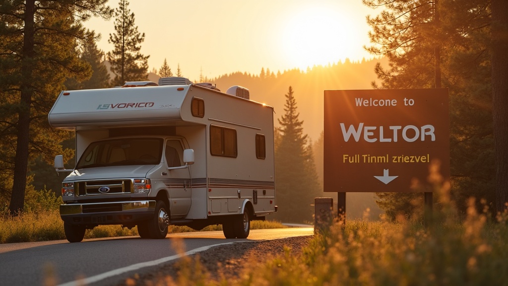 A sunlit RV parked in front of a welcome state sign bordered by forest, showing the freedom of full time travel.
