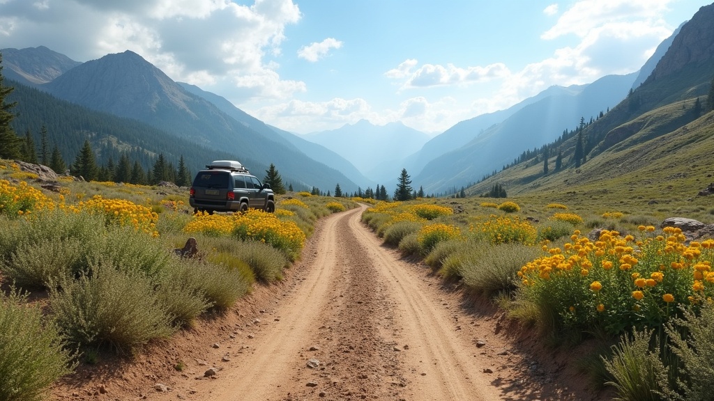 A rugged dirt road leading to a remote boondocking campsite, surrounded by mountains and wildflowers.