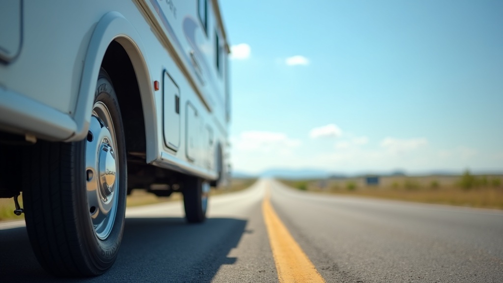 A closeup of RV wheels on a highway with open road and blue skies ahead, symbolizing the start of new domicile.